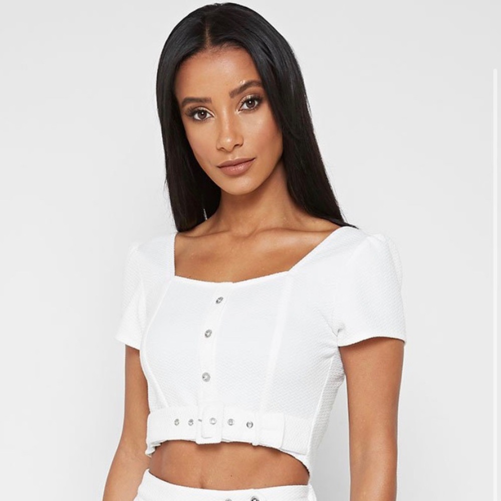 White Textured Button Through Top